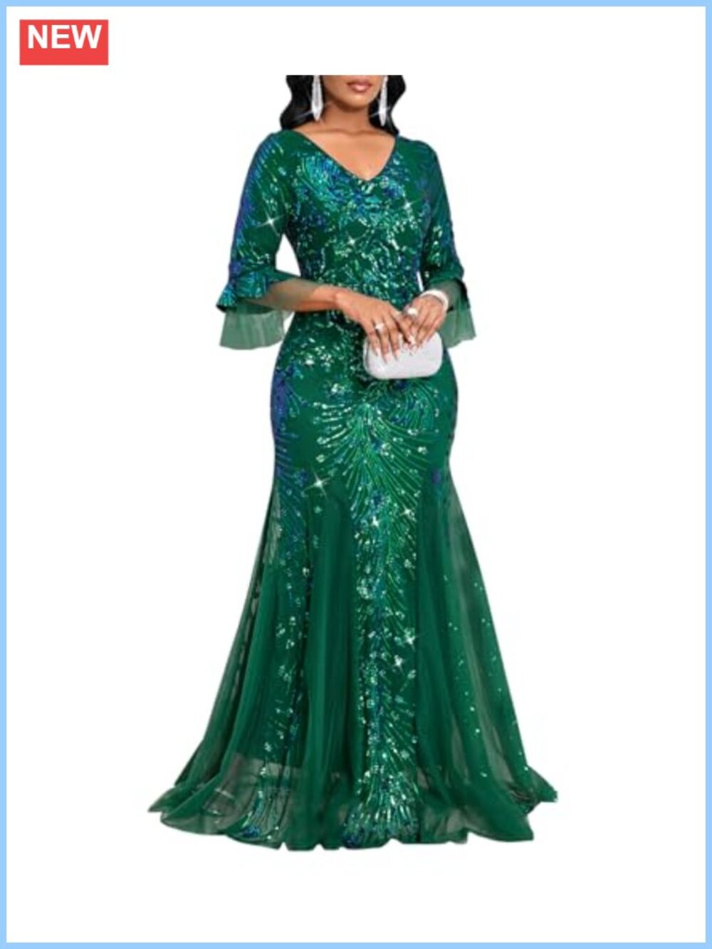 Sequin V Neck Flare Sleeve Mermaid Formal Evening Gown